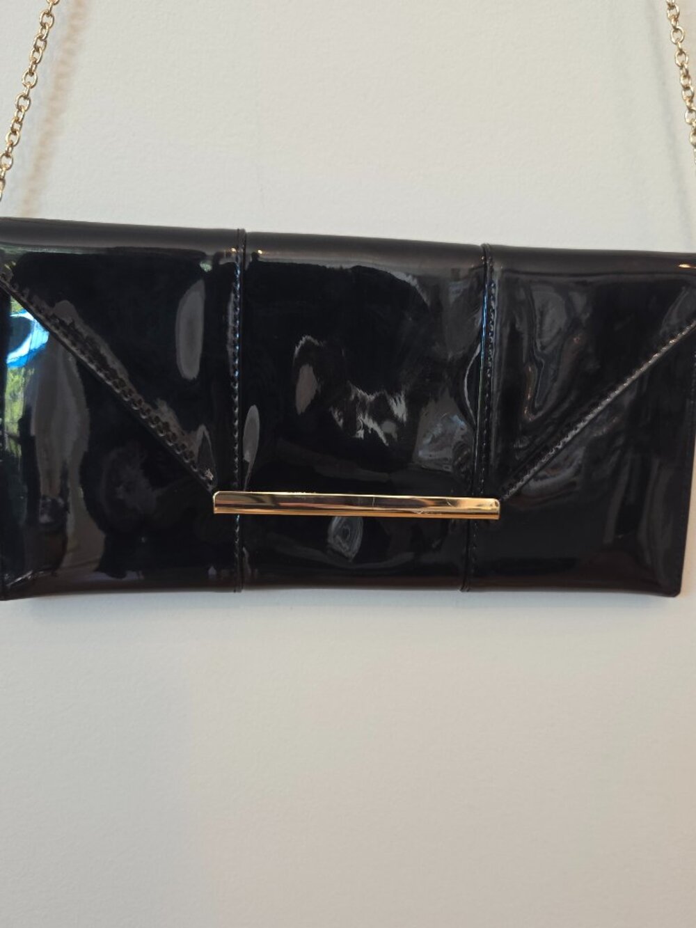 Black Patent Envelope Clutch Gold Chain Strap